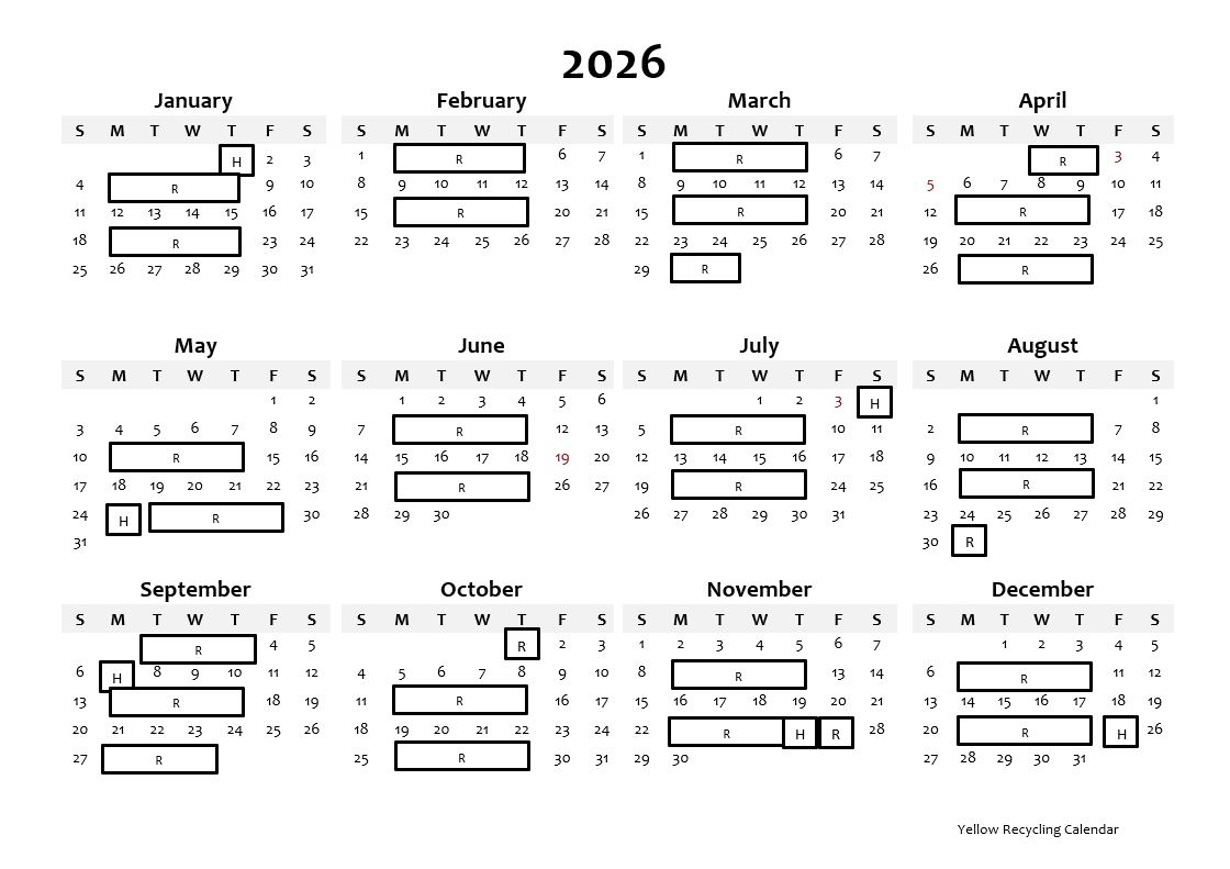 2026 Yellow Recycling Calendar